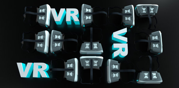 一组虚拟现实眼镜在不同的位置旁边的字母VR在一个黑色的表面。三维演示图片下载