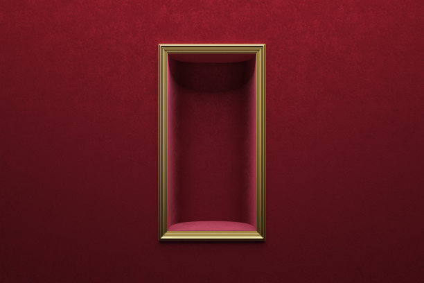 金框珍贵，红丝绒墙优雅奢华。基座显示。图片下载