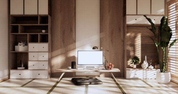 客厅内部榻榻米垫上地板，电脑放在矮桌上和枕头上。三维渲染图片下载