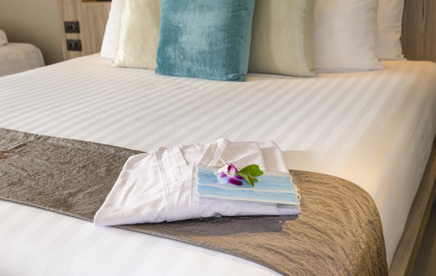 卧室准备白色浴袍。蓝色口罩卫生密封塑料袋。美紫兰花装饰为迎宾宾馆。图片下载