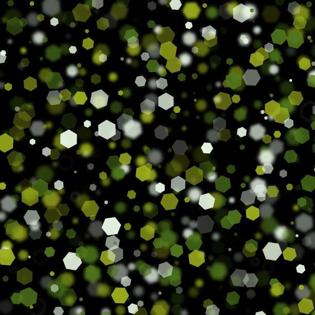 一个抽象的光点和模糊的六边形背景的插图，如散焦斑六边形形状的粒子在黑色背景图片下载