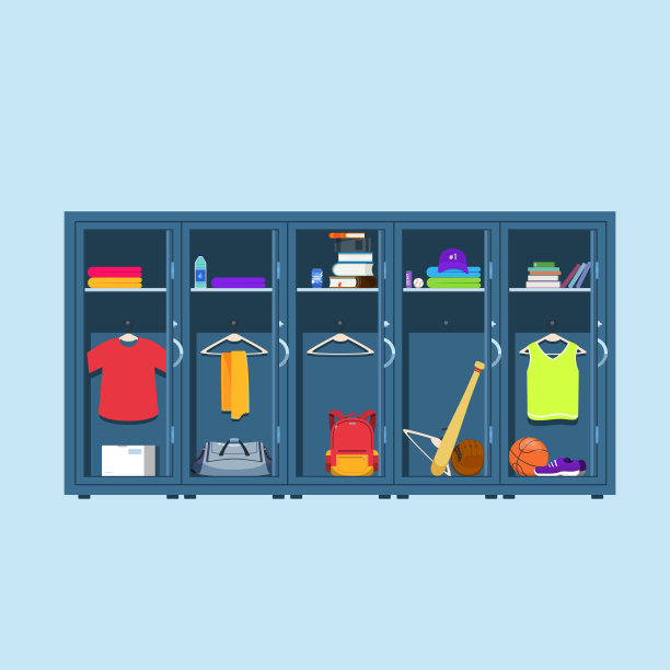 蓝色的金属储物柜。学校或健身房的储物柜，有银色的把手和锁。拥挤的保险箱门打开，橱柜和许多物品。图片下载