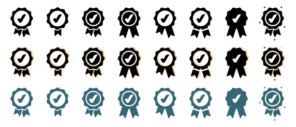 批准检查图标，质量标志，认证奖章符号集-在白色背景上隔离的不同矢量插图图片下载