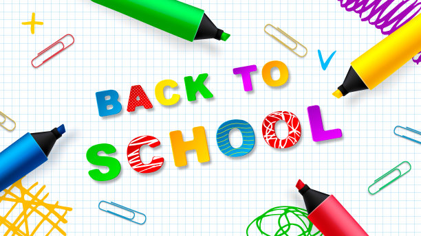 回到学校-笔记本作业与彩色马克笔和涂鸦。向量图片下载