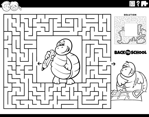 迷宫带卡通乌龟去学校涂色页图片下载