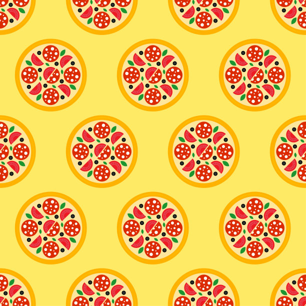 披萨无缝模式。萨拉米披萨图标在黄色背景。快餐图标在平面设计。现代设计印刷在包装纸，墙纸，织物，包装。矢量图图片下载