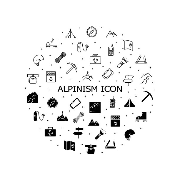 攀岩平线图标设置。登山，登山，徒步装备。简单的平面矢量插图网站或移动应用程序图片下载