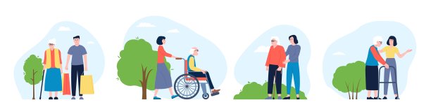 社会帮助社区。支持服务老年人。学长和志愿者散步，助人为乐的场景。老年患者和护士近期病媒特征图片下载