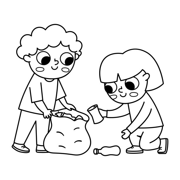 可爱的黑白环保儿童收集垃圾。男孩，女孩爱护环境，分类垃圾。地球日着色页面。儿童捡垃圾的生态向量线概念图片下载