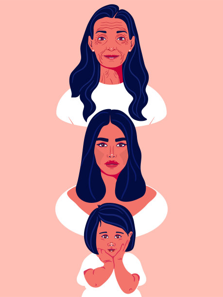 一代的女性。不同年龄的女性。插图、平面设计。外婆、妈妈和女儿在一起图片下载