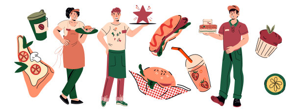 餐厅或外卖食品，外卖服务人员的男女服务员，平面矢量。图片下载