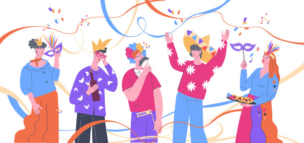 穿着狂欢节服装，戴着狂欢节面具的人们。庆祝节日和节日，矢量。图片下载