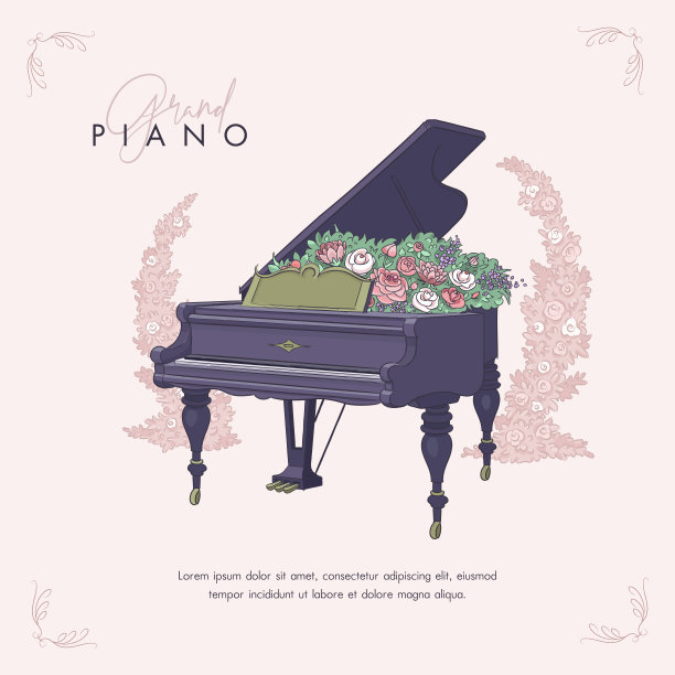 贺卡手绘三角钢琴和鲜花。矢量图图片下载
