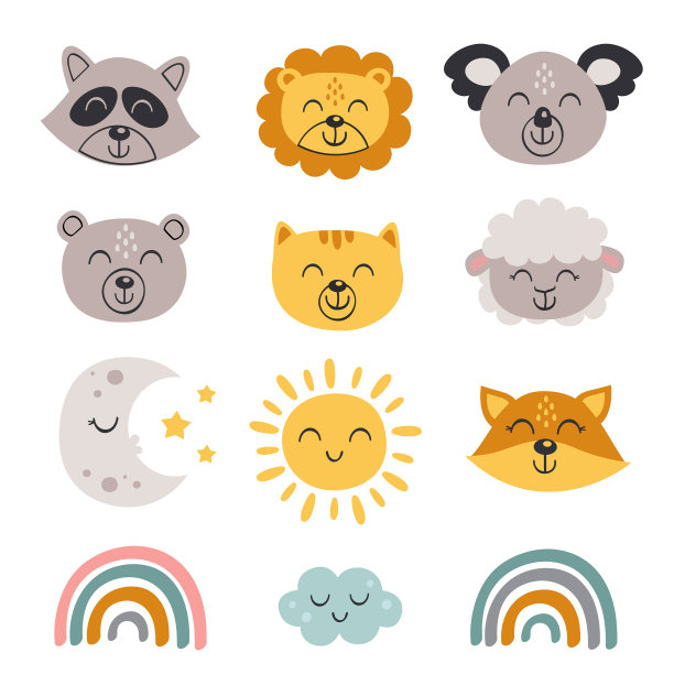 一组孤立的小动物的脸图片下载