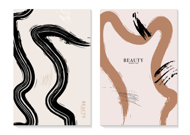 线条艺术海报几何形状设计，最小概念模板。当代条纹传单，贺卡，现代邀请在矢量。简单的设计以棕色米色黑色油墨为主色调图片下载