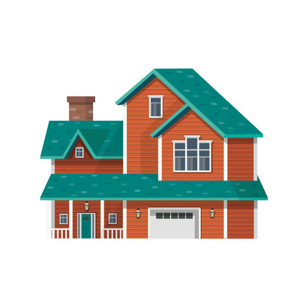 两层住宅，红色屋顶，白色背景，绿色屋顶。图片下载