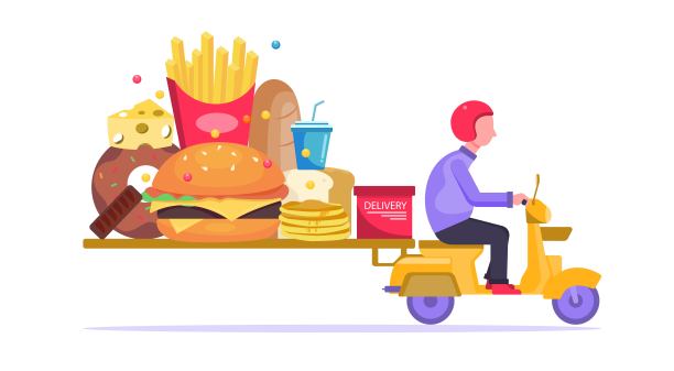 平坦的插图。带外卖的快餐订购概念。包括汉堡包，巧克力，三明治，芝士汉堡。这是通过手机的快速投递。素材图片