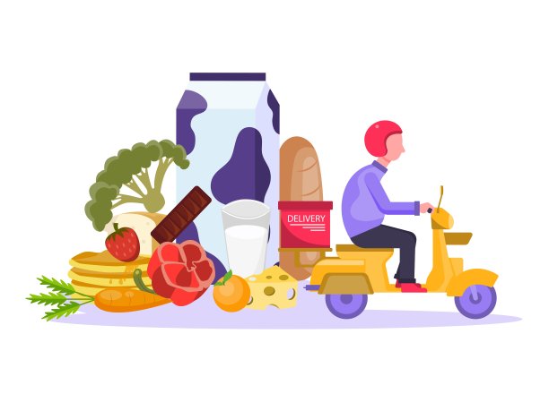 平坦的插图。健康的外卖订餐理念。包括牛奶，蔬菜，水果，面包，通过手机快速送货。图片下载