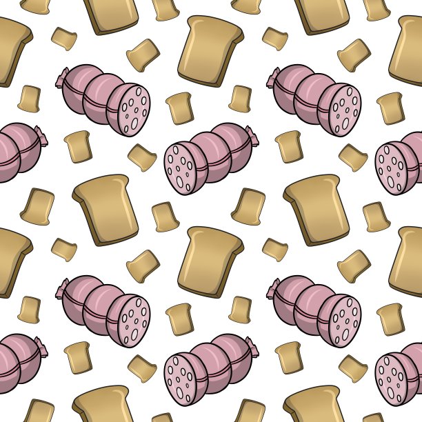 美味的粉色煮香肠和三明治面包，无缝的方形图案图片下载