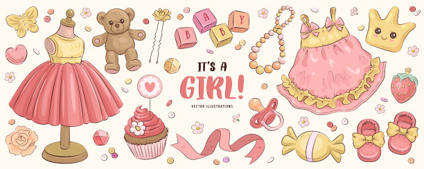 手绘女婴淋浴装置。矢量插图的衣服，玩具和花孤立在白色背景图片下载