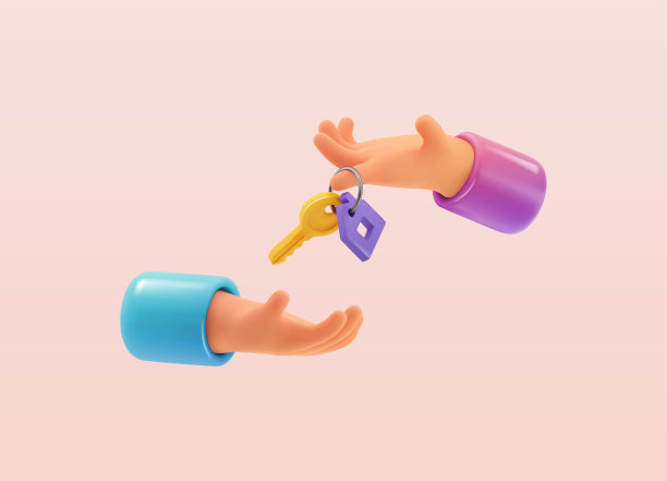 孤立的3d卡通矢量手握门钥匙。房地产代理给钥匙买家矢量插图。贷款，抵押或财产模板。租房网站横幅。图片下载