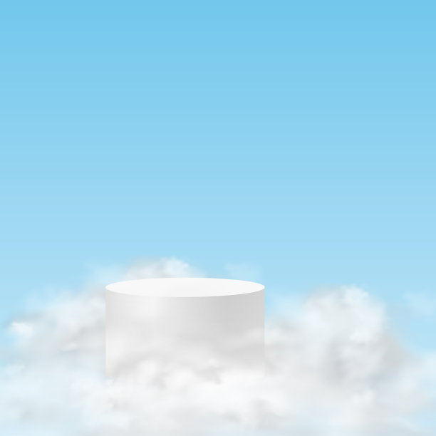 讲台上的天空。极简主义的背景与白色的平台在云。3d现实基座产品的产品演示和天空的云。图片下载