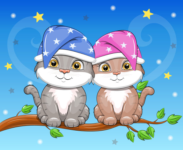一对戴着睡帽的可爱卡通猫坐在树上。图片下载