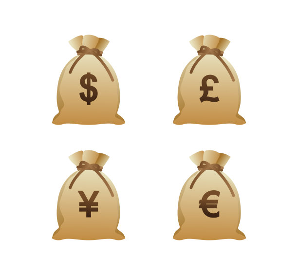 矢量孤立钱袋用欧元、美元、英镑、日元等符号图标设置插图。彩色钱袋图标设置图片下载