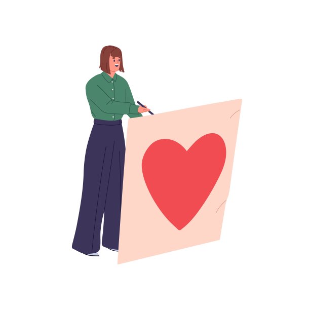快乐的女人为情人节签名明信片。微笑着喜悦的女生表白，在大大的浪漫贺卡上画大大的心。平面矢量插图孤立在白色背景上图片下载