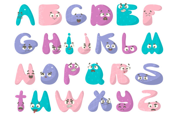 可爱的手绘字母眼睛和睫毛。用情感涂鸦字母。可爱的泡泡字体和有趣的笑脸。有趣的abc设计书籍封面，海报，卡片，印刷在婴儿的衣服上图片下载
