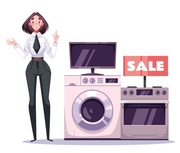 家电、家用商品、电子设备销售折扣概念。矢量图形设计卡通插图图片下载