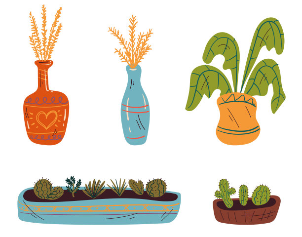 家植物线艺术手绘孤立集概念。矢量平面设计插图图片下载
