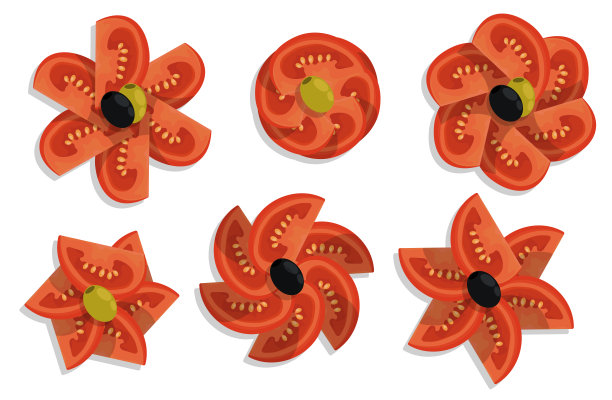 一套切碎的西红柿装饰沙拉和肉类菜肴。星形番茄片。平面卡通矢量孤立在白色背景图片下载