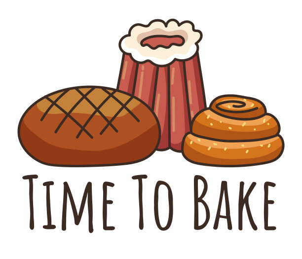 时间烘焙logo贴纸烘焙糕点概念。矢量平面设计插图图片下载