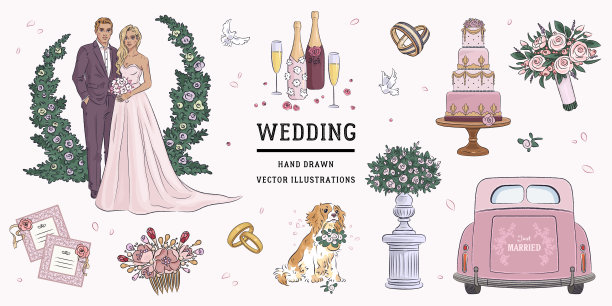 手绘婚礼素材合集：新娘、新郎、婚车、蛋糕和捧花矢量图图片下载