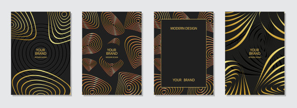 套现代封面，垂直矢量模板。黑色背景与三维几何图案的波浪金色的圆圈。创意收集的商业背景，小册子。图片下载