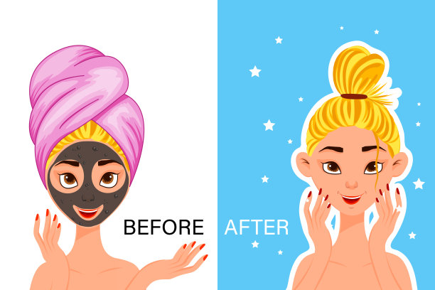 女性字“前”和“后”化妆面膜。卡通风格。矢量插图。图片下载