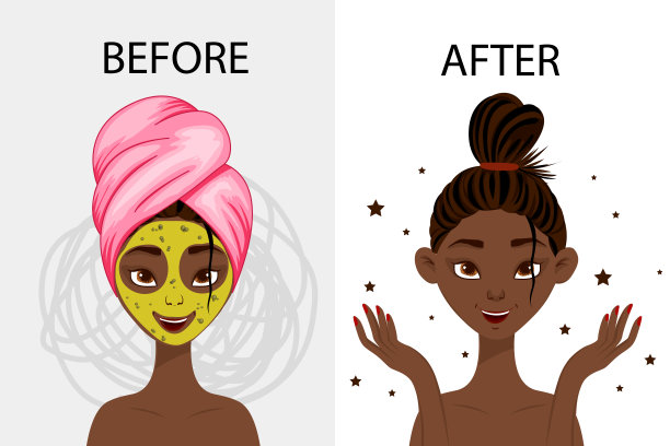 黑人女性字“前”和“后”化妆面具。卡通风格。矢量插图。图片下载