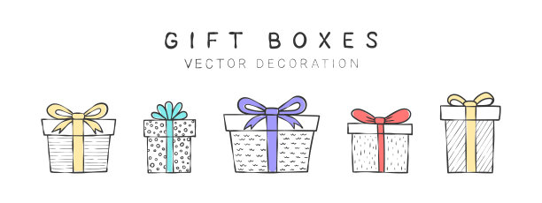 带丝带的礼品盒。手绘不同纹理的礼盒。图纸装饰元素。矢量图图片下载