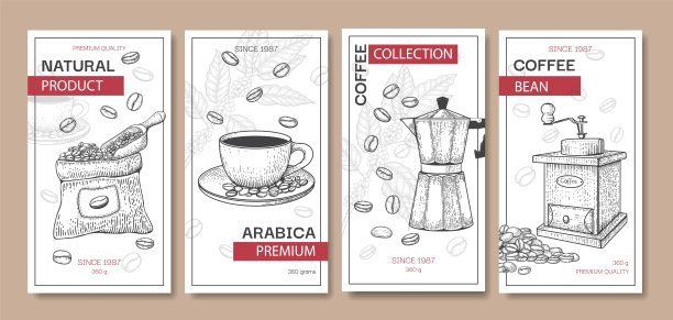 咖啡品牌。菜单包，咖啡师复古传单与豆子和饮料在马克杯，复古研磨机和间歇泉，现代的横幅咖啡馆，雕刻风格的插图。向量品牌设计图片下载