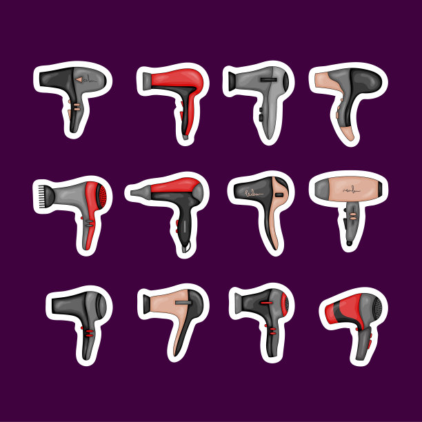 美容插图与吹风机集。卡通风格。向量。图片下载