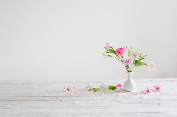 粉白色的花朵插在白色的花瓶里图片下载