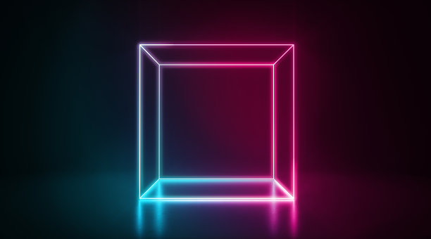蓝色和粉红色的霓虹灯发光的盒子站在黑暗中图片下载