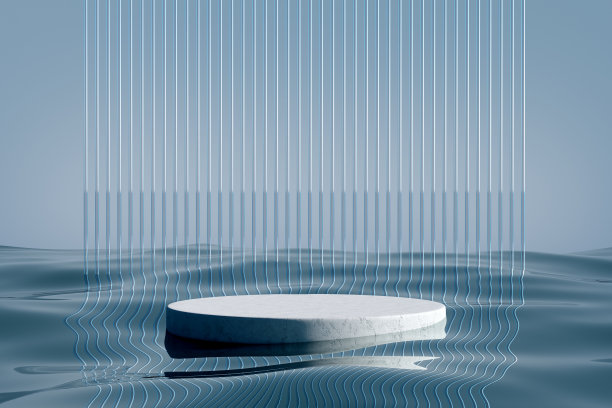 蓝色水玻璃背景上的石质讲台。图片下载