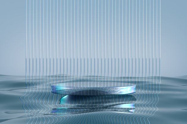 蓝色水面背景上的玻璃讲台。图片下载