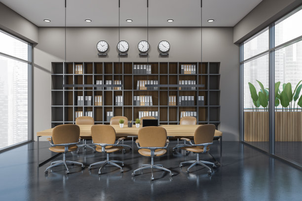 灰色的办公室内部有椅子、桌子和露台，可以看到全景图片下载