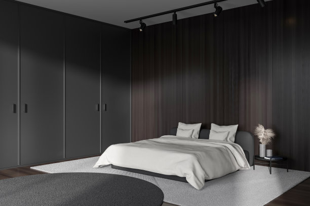 灰色的卧室内部，床头柜上有床和装饰。空墙图片下载