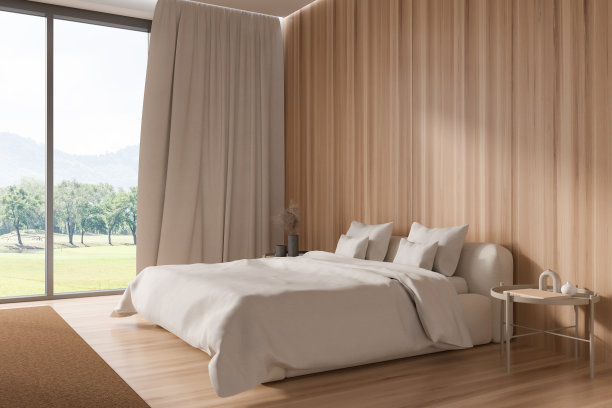 木制卧室内部有床和装饰，全景窗。空墙图片下载