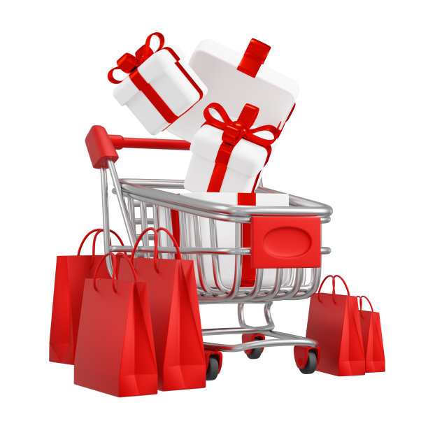 购物车和礼品盒与纸袋孤立在白色背景3D渲染图片下载