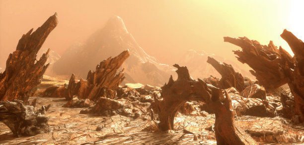 红色星球火星背景的场景。探索宇宙表面和其他生命形式，沙漠宇宙。三维渲染图片下载